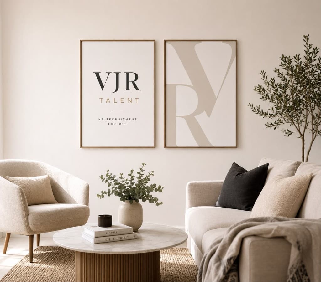 VJR Talent branded posters in a calm, modern living space